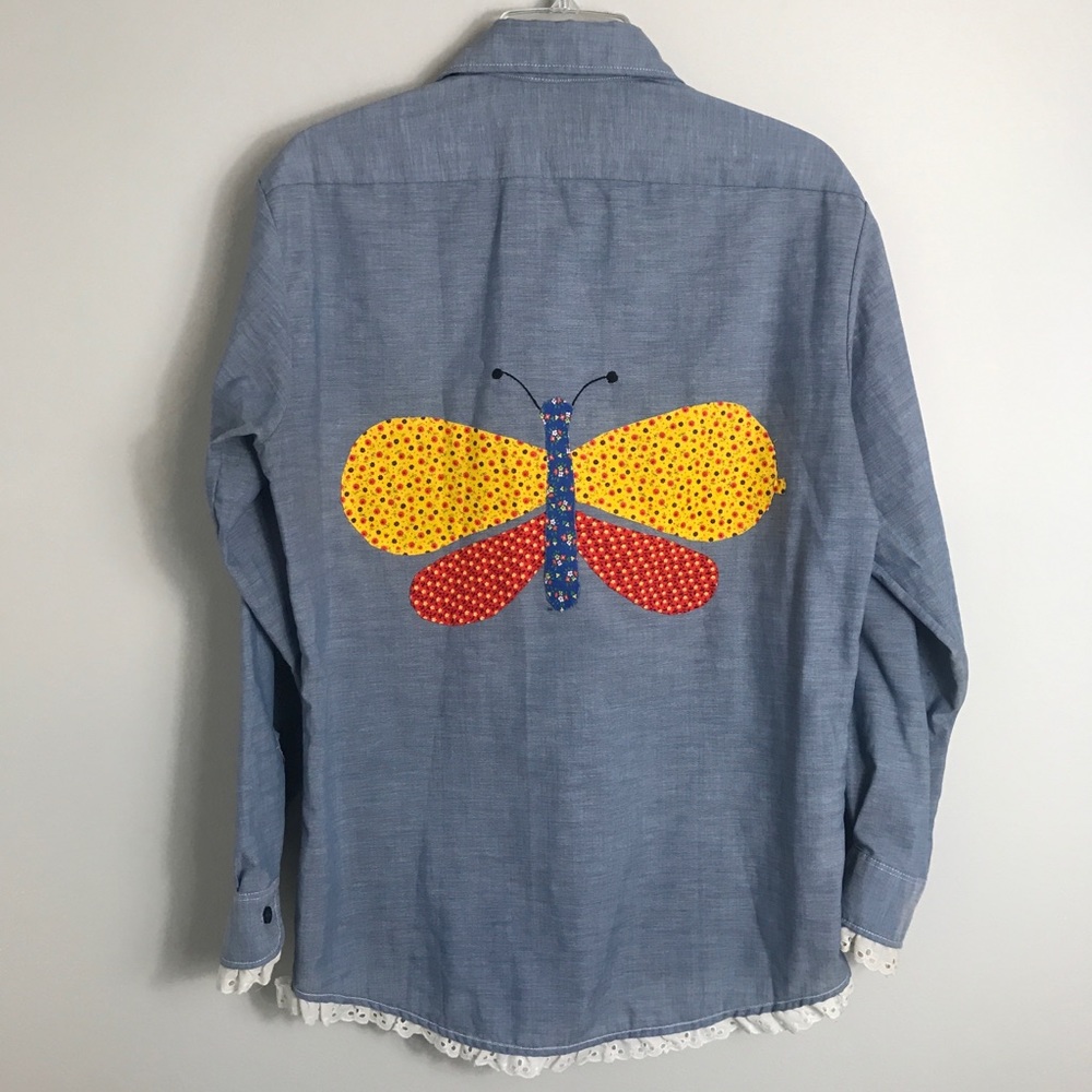 Vintage Button Front Shirt-Patchwork Butterfly-Med - image 5